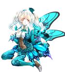  armor blue_wings blush bnahabra_(armor) breasts butterfly_wings hairband hand_on_own_chest medium_breasts monster_hunter monster_hunter_portable_3rd nail_polish rathke red_eyes simple_background sitting solo twintails wariza white_hair wings 