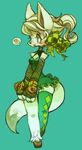 breasts canine clothed clothing cute female food fox green_eyes green_hair hair legwear mammal ponytail ricosye shoes simple_background skirt small_breasts solo standing stockings 