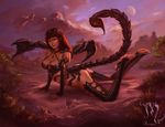  all_fours black_hair breasts cleavage clouds female grass hair jewelry looking_at_viewer mariecannabis monster_girl moon pinup scorpion solo 