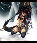  animal_ears arms_up bdsm black_hair bondage bound bound_arms breasts chain clenched_teeth collar dark_skin kneeling letterboxed long_hair medium_breasts monster_hunter monster_hunter_portable_3rd nargacuga navel personification rathke red_eyes rope saliva solo tail teeth torn_clothes underboob 
