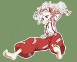  bad_id bad_pixiv_id barefoot bow dress_shirt fangs fujiwara_no_mokou full_body hair_bow hair_ribbon lie-lilac long_hair long_sleeves panties pants red_eyes ribbon sharp_teeth shirt simple_background soles solo suspenders teeth toes touhou underwear white_hair white_shirt 