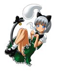  animal_ears bell black_hairband blue_eyes bow bowtie cat_ears cat_tail fake_animal_ears floating frills hairband highres hitodama kemonomimi_mode konpaku_youmu konpaku_youmu_(ghost) legs_up mary_janes nsio paw_pose ribbon shoes short_hair silver_hair skirt solo tail tail_bell tail_ribbon touhou vest white_background 