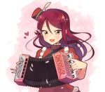  1girl :d accordion ceph_(greatyazawa1819) feathers frilled_shirt_collar frills hair_ornament hairclip half_updo hat hat_feather heart highres instrument long_hair love_live! love_live!_sunshine!! music musical_note_hair_ornament open_mouth pink_background playing_instrument red_hair red_hat red_shirt sakurauchi_riko shirt short_sleeves smile solo upper_body white_feathers yellow_eyes 