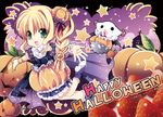  blonde_hair braid bubble_skirt dress food food_themed_hair_ornament fruit green_eyes hair_ornament halloween happy_halloween highres open_mouth orange_dress original outstretched_arms pumpkin pumpkin_hair_ornament sakurano_tsuyu shoes side_braid signature skirt solo star strawberry winged_shoes wings wrist_cuffs 