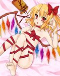  absurdres barefoot blonde_hair flandre_scarlet hair_ribbon highres lying naked_ribbon red_eyes ribbon snack solo toe_scrunch touhou wings yami_nabe 