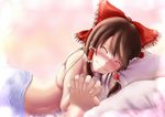  1girl afterglow bed_sheet blush bow brown_hair closed_eyes commentary_request face hair_bow hakurei_reimu hands happy harimu_ohagi hetero holding_hands looking_at_viewer lying naked_sheet nude on_side out_of_frame pillow pov pov_hands smile solo_focus touhou 