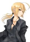  ahoge artoria_pendragon_(all) blonde_hair breasts cleavage dress_shirt fate/zero fate_(series) green_eyes medium_breasts necktie open_clothes open_shirt pepe_(jonasan) ponytail saber shirt simple_background solo unbuttoned 