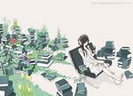  arakawa_(aintnoroom) barefoot black_hair book book_focus book_stack bookmark closed_eyes digital_media_player feet flower green headphones ipod listening_to_music nature original overgrown pale_color plant simple_background sitting skirt solo too_many too_many_books tulip wallpaper watermark web_address white white_background 