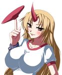  banned_artist blonde_hair breasts cuffs horn hoshiguma_yuugi impossible_clothes impossible_shirt large_breasts long_hair red_eyes s_tanly saucer shackles shirt solo touhou 