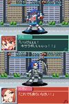  ahoge azuscythe blue_hair brown_eyes brown_hair chibi cityscape fake_screenshot futami_ami idolmaster idolmaster_(classic) kisaragi_(mujin_gattai_kisaragi) mecha mechanization minase_iori mujin_gattai_kisaragi multiple_girls oobako parody pixel_art style_parody super_robot_wars translated 