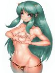  1girl animal_print blue_eyes breasts cameltoe curvy fang fumio_(rsqkr) green_hair heart heart-shaped_boob_challenge heart_hands highres horns large_breasts long_hair looking_at_viewer lum smile solo thick_thighs thighs tiger_print urusei_yatsura wide_hips 