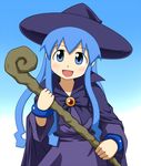  blue_eyes blue_hair cosplay goriate halloween hat ikamusume long_hair open_mouth shinryaku!_ikamusume solo staff tentacle_hair witch witch_hat 