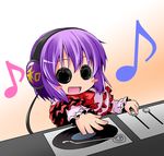  blush bow dj frills headphones ichimi instrument listening_to_music mixing_console music musical_note nagae_iku no_hat no_headwear open_mouth phonograph playing_instrument record smile solid_circle_eyes solo touhou turntable 