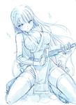  bare_shoulders blush breasts cleavage dead_or_alive highres kasumi_(doa) kodachi large_breasts long_hair mayo_riyo monochrome pelvic_curtain petals short_sword sketch solo sword thighhighs weapon 