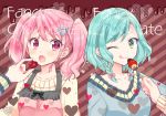  2girls :o ;q apron aqua_hair bang_dream! bangs blue_sweater blush bow brown_hair chocolate collarbone cover cover_page diagonal-striped_background diagonal_stripes doujin_cover english_text feeding food fruit green_eyes hair_bow hair_ornament heart heart_hair_ornament hikawa_hina long_sleeves looking_at_another maruyama_aya mio_(melchi) multiple_girls one_eye_closed pink_apron pink_bow pink_eyes pink_hair short_hair side_braids sidelocks strawberry striped striped_background sweatdrop sweater tongue tongue_out twintails upper_body valentine yellow_sweater 