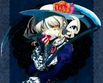  alternate_color apple brooch darkness doily earrings elly fang fangs fingerless_gloves flower food frilled_sleeves frills fruit gloves hat hat_flower holding holding_food holding_fruit husui_parashi jewelry open_mouth scythe short_hair solo touhou touhou_(pc-98) upper_body yellow_eyes 
