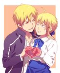  1girl ahoge anger_vein artoria_pendragon_(all) bad_id bad_pixiv_id blonde_hair casual fate/stay_night fate_(series) gilgamesh heart heart_hands heart_hands_duo hetero red_eyes saber short_hair thumbs_down yone_f15 