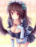  alternate_costume bad_id bad_pixiv_id blush breasts brown_hair bursting_breasts cleavage collarbone enmaided hanging_breasts highres jewelry large_breasts long_hair low_wings maid maid_headdress necklace red_eyes reiuji_utsuho solo third_eye touhou walzrj wings 