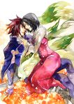  anna_irving black_hair boots candle0213 couple eyes_closed fingerless_gloves flower gloves kratos_aurion noishe open_mouth pregnant red_eyes red_hair short_hair smile tales_of_(series) tales_of_symphonia 