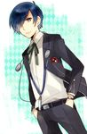  bad_id bad_pixiv_id blue_eyes blue_hair bow digital_media_player headphones male_focus mentaishi persona persona_3 ribbon school_uniform solo yuuki_makoto 