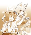  animal_ears blush bottle cat_ears cat_tail chen chopsticks cooking drooling earrings egg flour food fox_ears fox_tail hat heart heart_tail highres jewelry kitsune_choukan ladle monochrome multiple_girls multiple_tails no_hat no_headwear plate pot sleeves_rolled_up tabard tail touhou upper_body wok yakumo_ran 