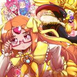  adjusting_eyewear bespectacled blue_choker bow brooch brown_hair choker crescendo_tone cure_beat cure_melody cure_muse_(black) cure_muse_(yellow) cure_rhythm dodory fairy_tone glasses hair_bow hand_on_hip heart houjou_hibiki hummy_(suite_precure) jewelry kurokawa_eren long_hair magical_girl minamino_kanade multiple_girls pink-framed_eyewear pink_bow precure red_eyes ribbon seiren_(suite_precure) shimetta_seiya shirabe_ako suite_precure sweatdrop yellow_bow yellow_choker 