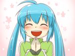  :d ahoge aqua_hair blush closed_eyes hands_together happy hatsune_miku long_hair nekomura_otako open_mouth own_hands_together smile solo track_suit twintails vocaloid 