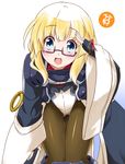  :d adele_balfetto blonde_hair blue_eyes blush bodysuit fingerless_gloves flat_chest glasses gloves kyoukaisenjou_no_horizon open_mouth pantyhose salute smile solo thigh_gap uma_(tnk-power) 