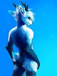  antlers blue_fur blue_theme butt canine cervine deer falvie fox fur horn hybrid kousetsu looking_back male mammal nosivi nude pinup pose short_tail sky solo standing stars yellow_eyes 
