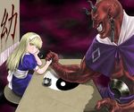  ald alice_(megami_tensei) arm_wrestling bangs blonde_hair blood blood_writing blue_dress blunt_bangs child devil_summoner dress gameplay_mechanics hair_ribbon hairband horns long_hair megami_tensei obi oni oni_(megami_tensei) persona pointy_ears puffy_short_sleeves puffy_sleeves ribbon sash shin_megami_tensei short_sleeves sigh table translated yellow_eyes 