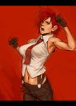  armpits bare_shoulders clenched_hands gloves letterboxed midriff navel necktie ogami open_mouth pants red_background red_eyes red_hair shirt short_hair solo the_king_of_fighters vanessa_(king_of_fighters) 