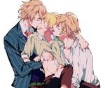  bad_id bad_pixiv_id belt biting blazer blonde_hair blue_eyes blush closed_eyes dual_persona ear_biting earrings glasses groping jacket jewelry kiss kurusu_shou male_focus multiple_boys navel necktie open_mouth school_uniform shinomiya_natsuki shinomiya_satsuki uta_no_prince-sama yaoi yuzumame 