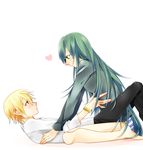  1girl blonde_hair bracelet breasts earrings enkidu_(fate/strange_fake) fate/stay_night fate/strange_fake fate_(series) genderswap genderswap_(mtf) gilgamesh green_eyes green_hair haine_(howling) heart jewelry long_hair panties red_eyes short_hair small_breasts striped striped_panties underwear white_background 