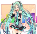  aqua_eyes aqua_hair bad_id bad_pixiv_id black_skirt detached_sleeves hand_on_own_chest hatsune_miku head_tilt headset long_hair miniskirt necktie open_mouth outstretched_arm pleated_skirt skirt solo thighhighs tsukasa_kinako twintails very_long_hair vocaloid 