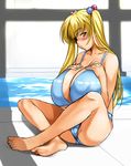  barefoot bikini blonde_hair blush breast_suppress breasts brown_eyes cameltoe feet frown gigantic_breasts hair_bobbles hair_ornament highres kamia_(not_found) long_hair matsuoka_kiyone nipples original pool poolside shiny shiny_skin sitting solo swimsuit twintails water 