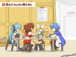  3girls ahoge aqua_hair blonde_hair blue_hair blue_scarf boots brown_hair chin_rest cup detached_sleeves hatsune_miku headphones headset kagamine_len kagamine_rin kaito knee_boots leg_warmers meiko midriff multiple_boys multiple_girls nekomura_otako scarf sitting skirt soda stool table tea thigh_boots thighhighs translation_request twintails vocaloid 