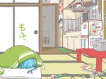  animal_costume aqua_hair blanket cat_costume cellphone chibi door futon hatsune_miku kitchen magazine magnet maruku_naru_(vocaloid) microwave nekomura_otako phone power_strip refrigerator refrigerator_magnet rice_cooker solo tatami towel vocaloid 