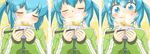  aqua_eyes aqua_hair blush bowl chopsticks closed_eyes food happy hatsune_miku highres nekomura_otako rice rice_bowl smile solo steam track_suit twintails vocaloid 