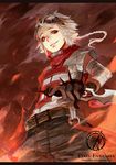  :p animal_ears belt braid fire gloves goggles goggles_on_head letterboxed male_focus pixiv_fantasia pixiv_fantasia_wizard_and_knight red_eyes scarf silverwing single_braid solo sword tongue tongue_out weapon white_hair 