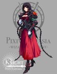  armor black_hair boots breasts cleavage dress earrings full_body gloves grey_background high_heels jewelry knight long_hair medium_breasts pauldrons pixiv_fantasia pixiv_fantasia_wizard_and_knight red_eyes shinmai_(kyata) shoes solo whip_sword 