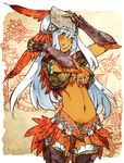  artist_request blush boots breasts feathers gauntlets green_eyes hypnocatrice_(armor) long_hair medium_breasts midriff monster_hunter navel open_mouth short_shorts shorts smile solo thigh_boots thighhighs white_hair 