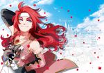  bad_id bad_pixiv_id belt bird black_gloves blue_eyes cloud day detached_sleeves gem gloves gotou_(pixiv37128) hand_on_hip headband long_hair male_focus petals pink_sleeves red_hair rose_petals sky smile solo tales_of_(series) tales_of_symphonia zelos_wilder 