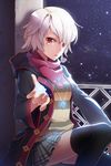  black_legwear breath gilse gs_1st_star hood hoodie jewelry looking_at_viewer necklace night night_sky plaid plaid_skirt red_eyes scarf short_hair sitting skirt sky solo star_(sky) striped striped_sweater sweater sword_girls thighhighs white_hair 
