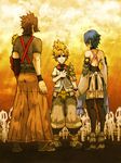  2boys aqua_(kingdom_hearts) bare_shoulders black_legwear blonde_hair blue_eyes blue_hair brown_hair detached_sleeves field_of_blades fingerless_gloves gloves gossan highres keyblade kingdom_hearts kingdom_hearts_birth_by_sleep multiple_boys planted_weapon short_hair terra_(kingdom_hearts) thighhighs ventus weapon wristband 