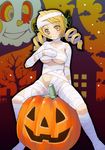  bandages blonde_hair blush breasts charlotte_(madoka_magica) cloud collarbone crescent_moon drill_hair fence halloween hatsukane_tsukasa jack-o'-lantern kyubey mahou_shoujo_madoka_magica medium_breasts moon mummy navel pumpkin sitting tomoe_mami tree twin_drills twintails underboob when_you_see_it yellow_eyes 