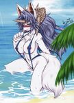  beach big_breasts bikini blue_eyes blue_hair blush breasts canine clothed clothing female hair hi_res horn hosato kneeling leaves legend_of_mana long_blue_hair long_hair looking_at_viewer mammal nipples pinup pose pussy seaside sierra skimpy sling_bikini solo swimsuit water 