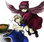  ald alice_(megami_tensei) bangs blonde_hair bloomers boots bunny dress hair_ribbon hairband hat long_hair megami_tensei mittens mou_shobou multiple_girls persona purple_hair red_eyes ribbon shin_megami_tensei underwear yellow_eyes 