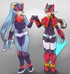  aile armor ashe_(rockman) blue_hair bodysuit brown_hair energy_sword green_eyes helmet magical_ondine model_a model_zx multiple_girls one_eye_closed ponytail rockman rockman_zx rockman_zx_advent sword weapon 