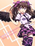  black_legwear blush breasts brown_hair cellphone character_name checkered checkered_skirt copyright_name hair_ribbon hat highres himekaidou_hatate kaiza_(rider000) long_hair necktie open_mouth phone purple_eyes ribbon skirt small_breasts smile solo thighhighs tokin_hat touhou twintails wings 