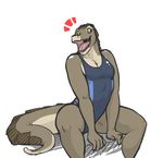  alligator anthro breasts chameli chamelion cleavage clothed clothing crocodile female muscles muscular_female one-piece_swimsuit open_mouth pinup plain_background pose reptile ritts scalie sharp_teeth simple_background sitting solo swimsuit teeth white_background 